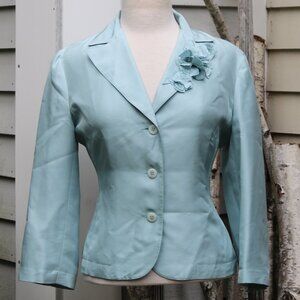 Sunny Leigh Aqua Blue Silk 3 Button Flower Lapel Lined Blazer Jacket Sz 10